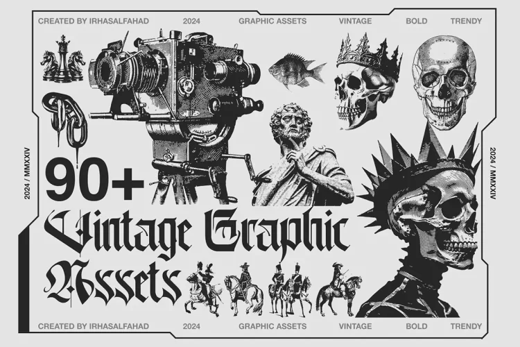 96款潮流复古交通工具野生动物人体骨骼雕像插图插画ai矢量素材 90+ Vintage Graphic Assets