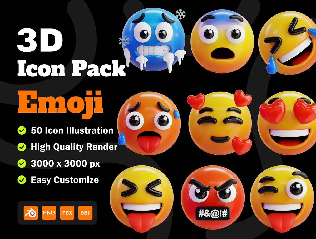 50款多角度趣味卡通3D立体Emoji表情包png免抠icon图标设计素材 Emoji 3D Icon Packs