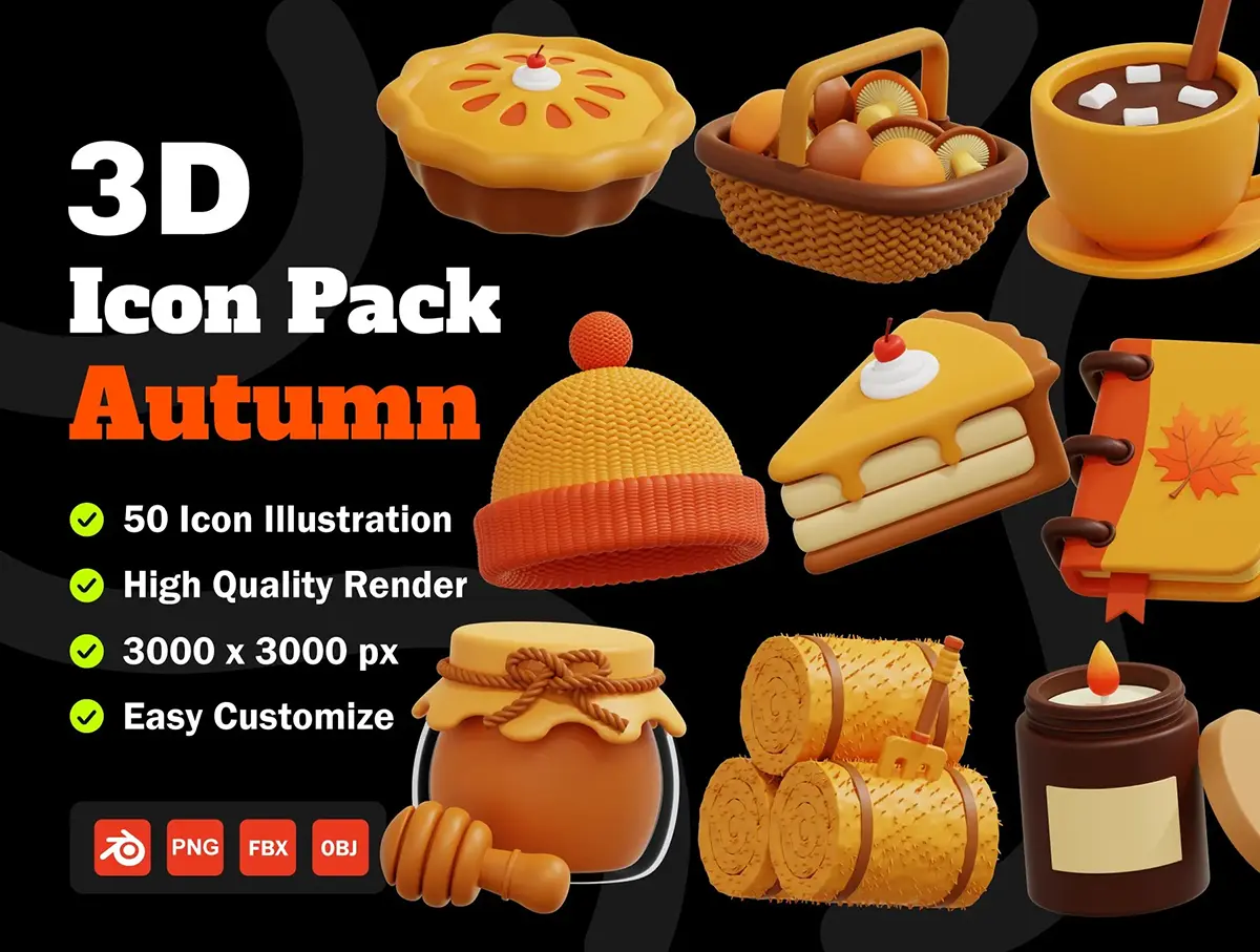 50 个独特的秋季 3D 图标包 Autumn 3D Icon Packs