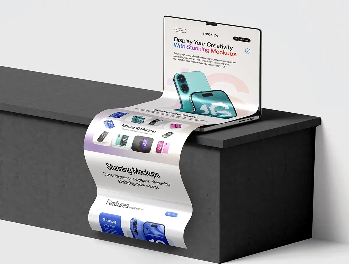 6款3D立体Macbook网站长图网页UI设计长页面作品展示效果图ps样机 Long Scroll Macbook Extended Screen Mockup Set – 06 Mockup Scene