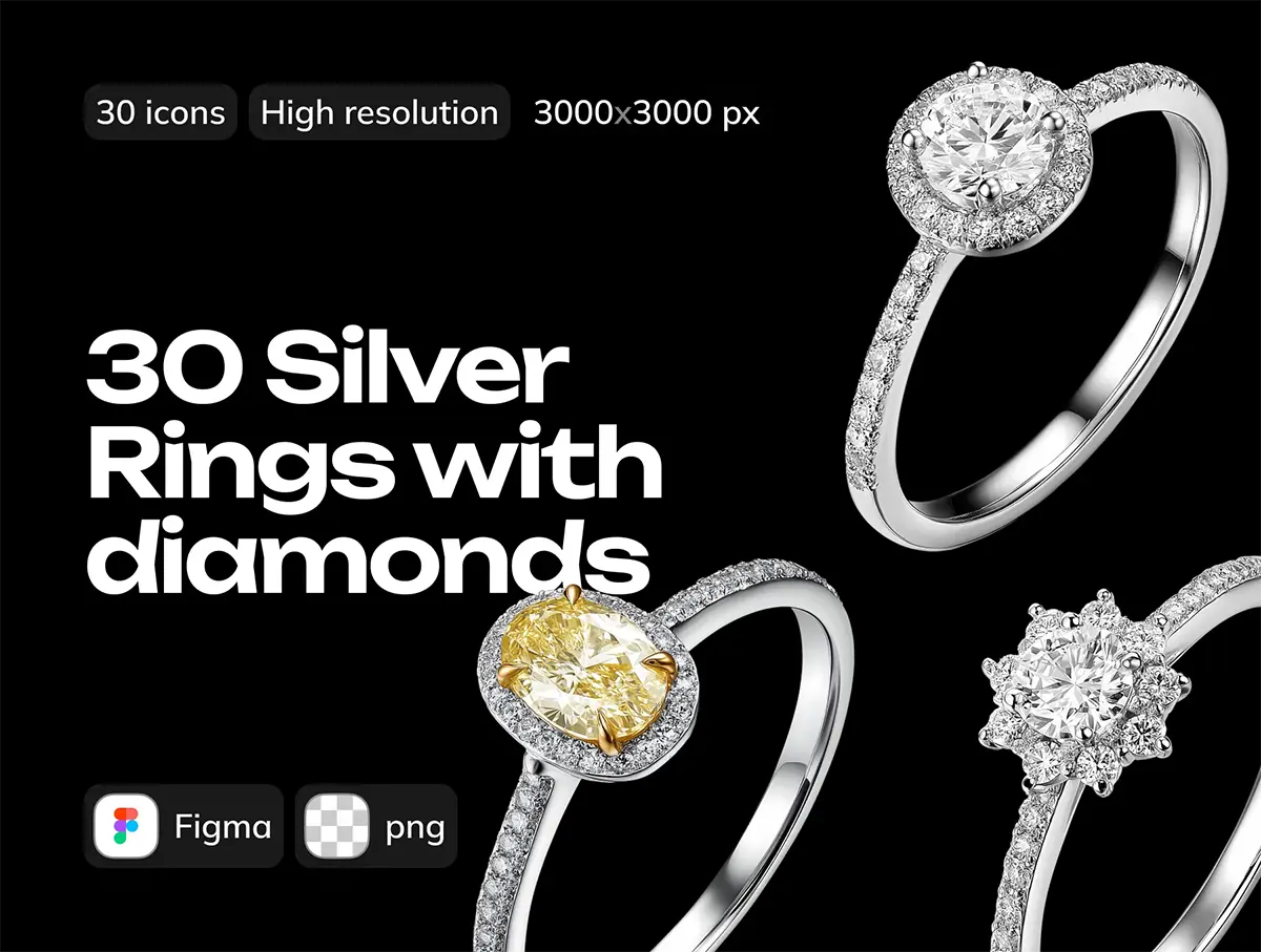 30款高清3D钻戒珠宝戒指png免抠图插画设计素材 3D Silver Rings with diamonds Pack