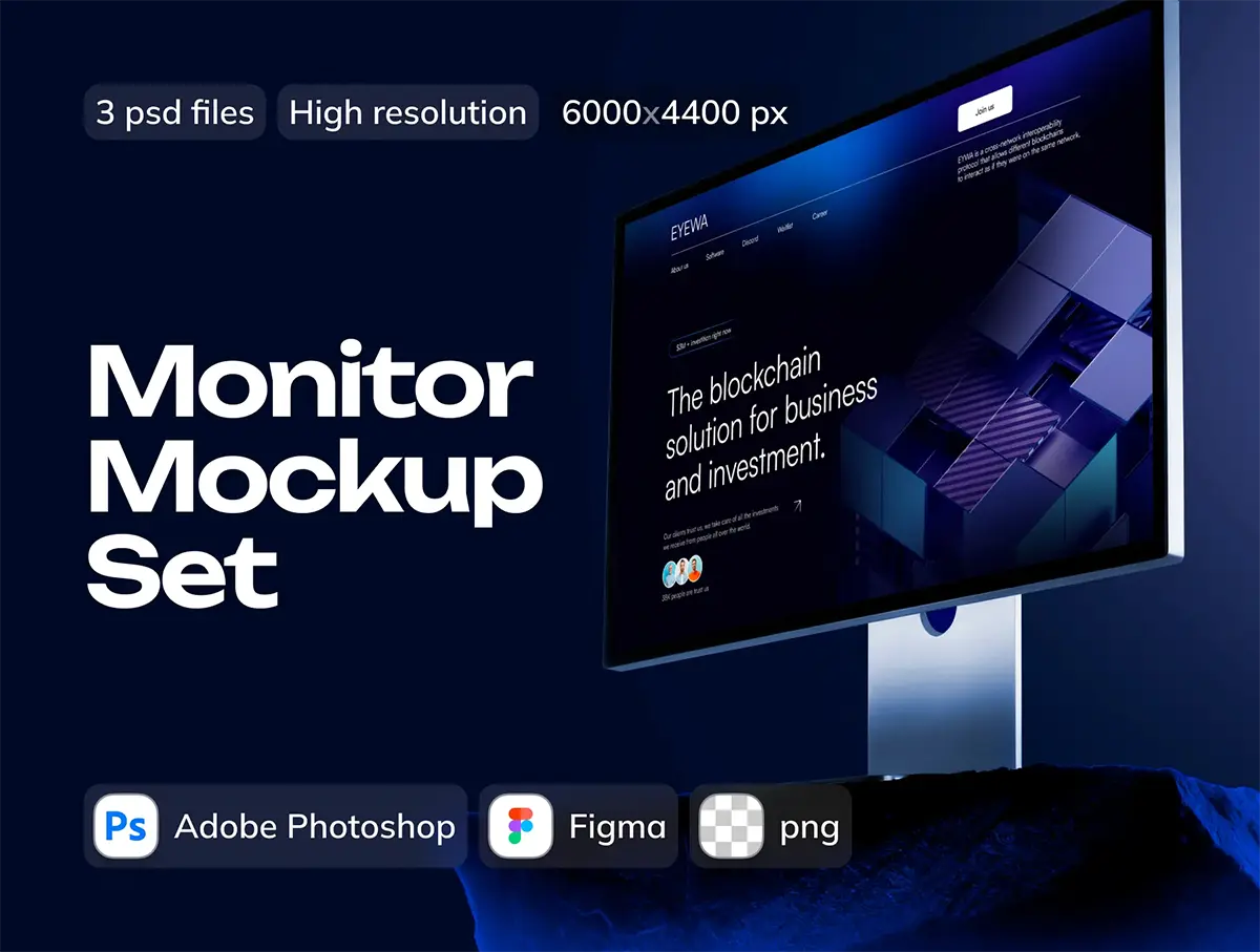 3款极简科技岩石苹果显示器屏幕网站UI设计作品展示效果图ps样机 Display Monitor Mockup Set