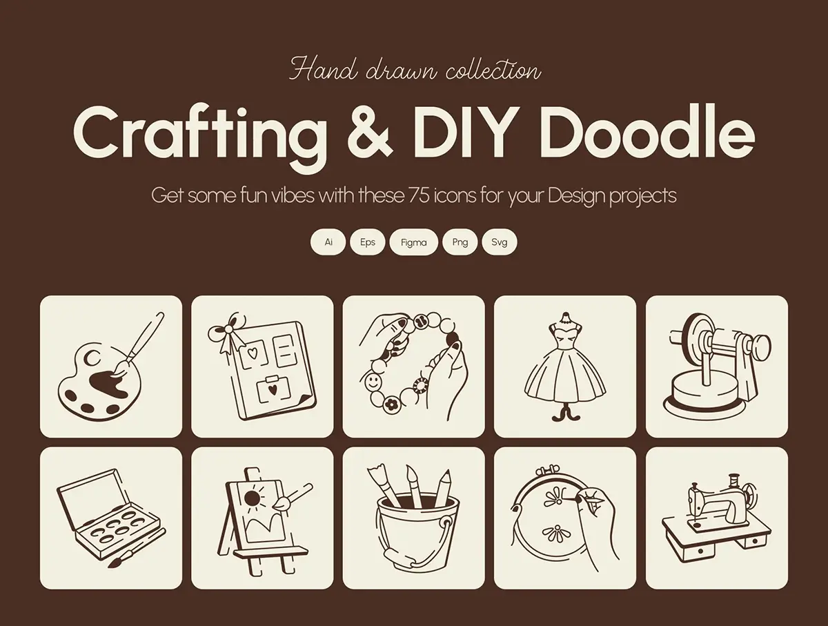 75幅手绘涂鸦创意DIY工艺术品演示插图插画矢量设计素材 Crafting and DIY Doodle Icon set
