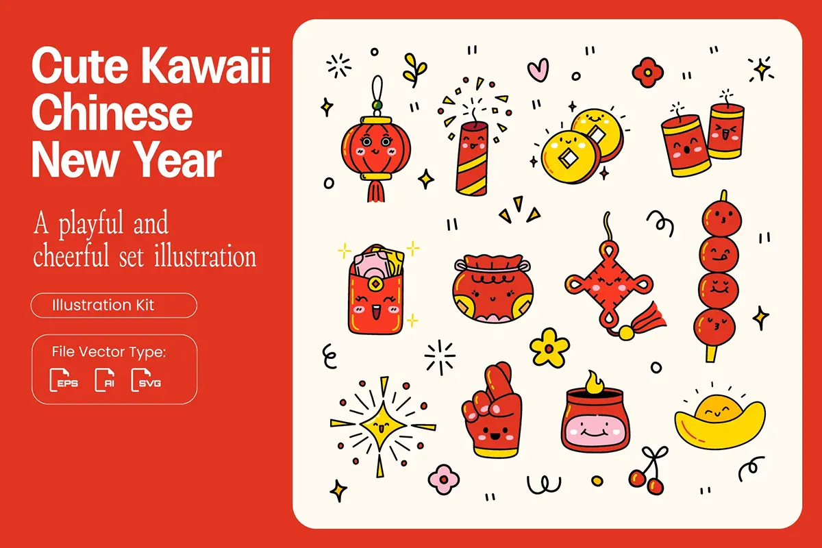 趣味可爱中国新年春节装饰元素拟人icon图标矢量设计素材 Cute Kawaii Chinese New Year Icons