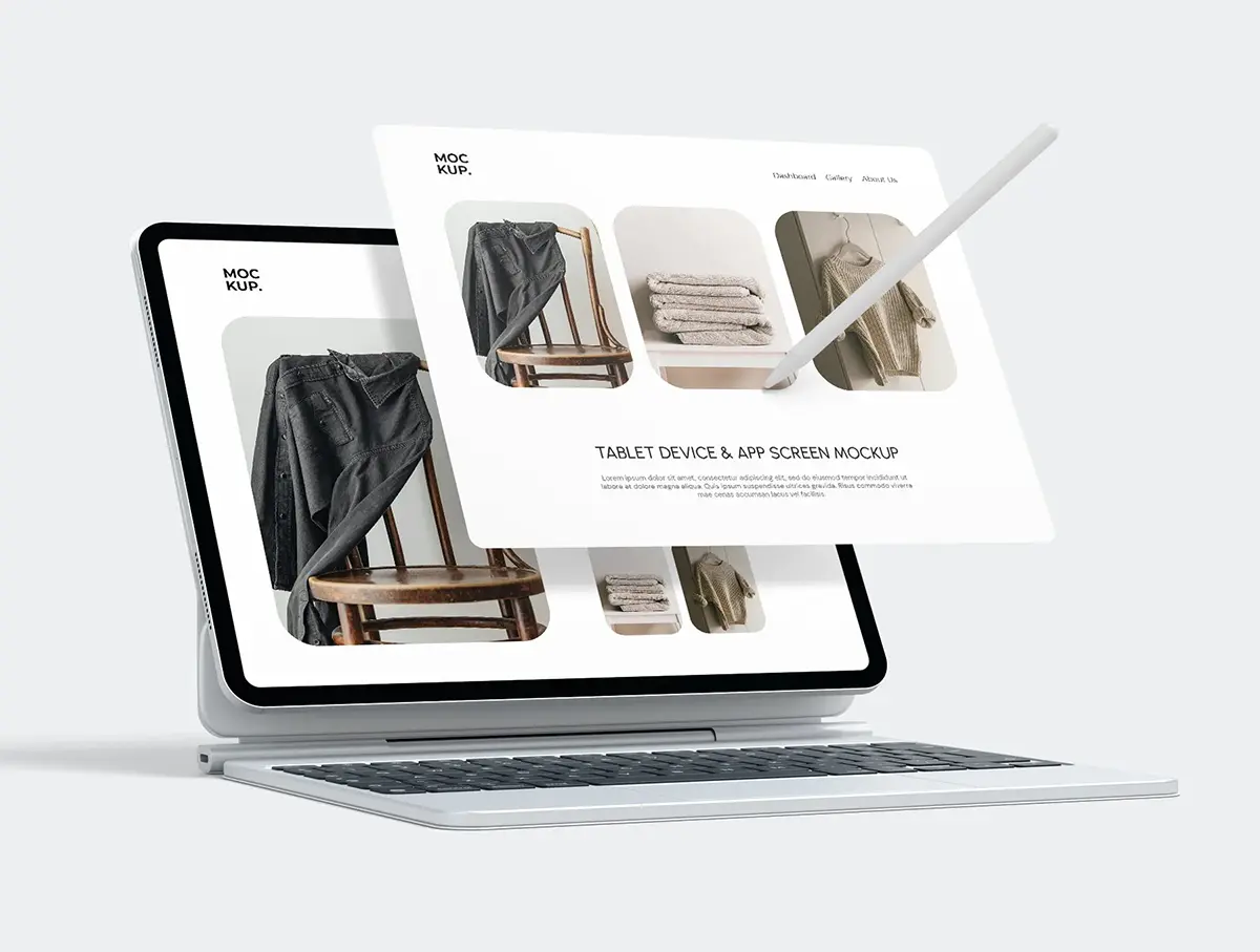 6款iPad平板电脑妙控键盘网页UI页面设计作品展示效果图ps样机 Tablet Device With App Screen Mockup