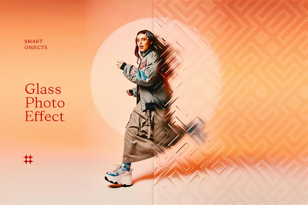 潮流时尚半透明磨砂格纹艺术装饰玻璃模糊遮罩人像后期ps特效样机 Patterned Glass Photo Effect