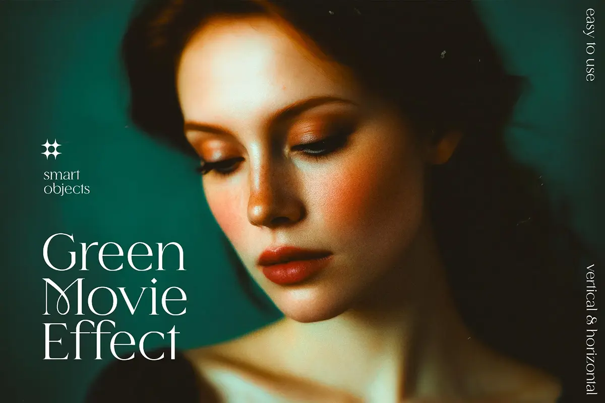 绿色调柔光复古剧照电影胶片滤镜人像照片后期修图ps特效样机模板 Green Movie Photo Effect