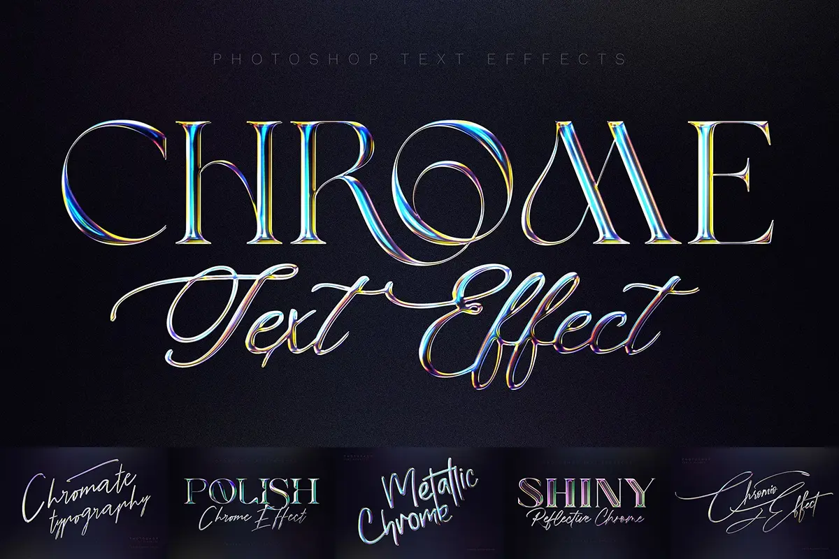 6款3D金属镀铬全息虹彩字体标题商标logo特效设计Ps样机素材模板 Holographic Chrome Text Effects