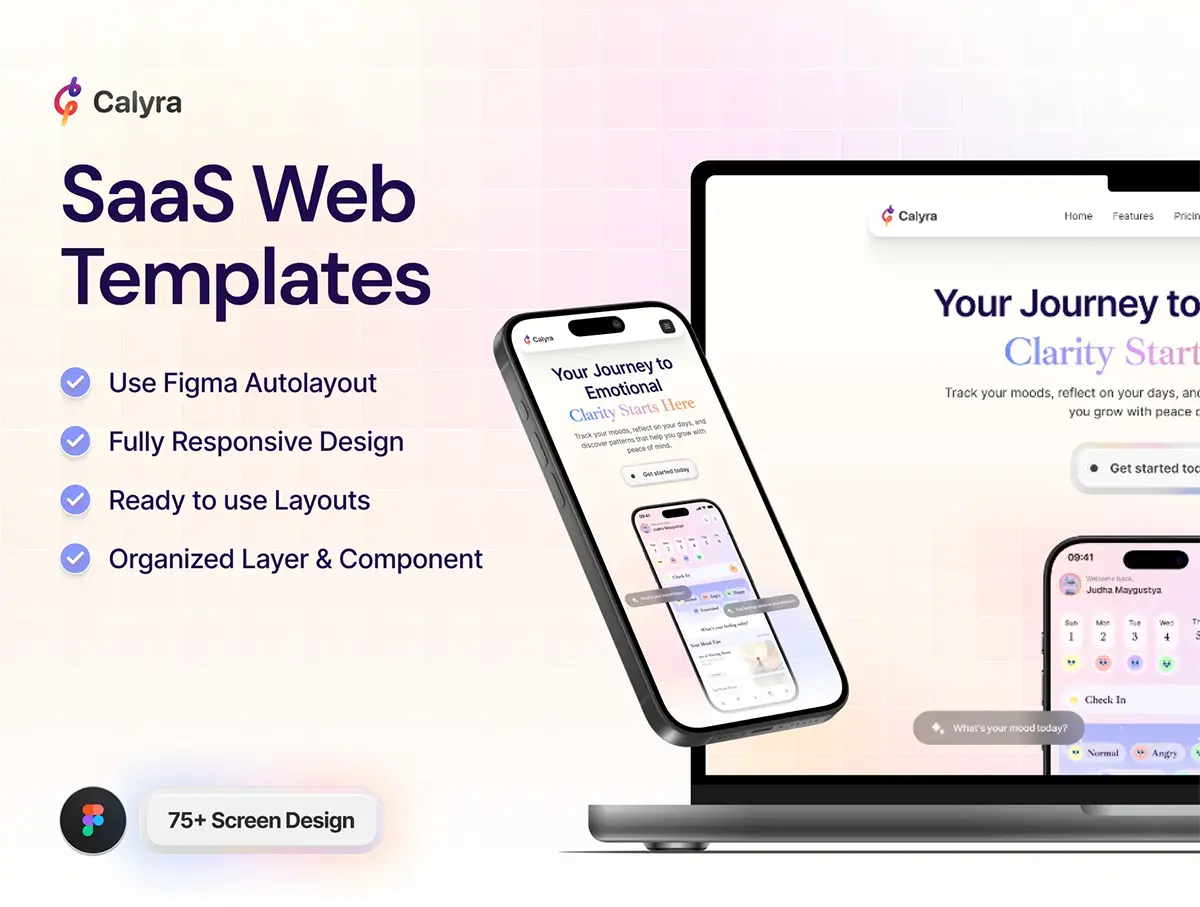 75屏现代时尚情绪追踪心理健康SaaS落地页UI设计套件figma模板 Calyra – SaaS Landing Page