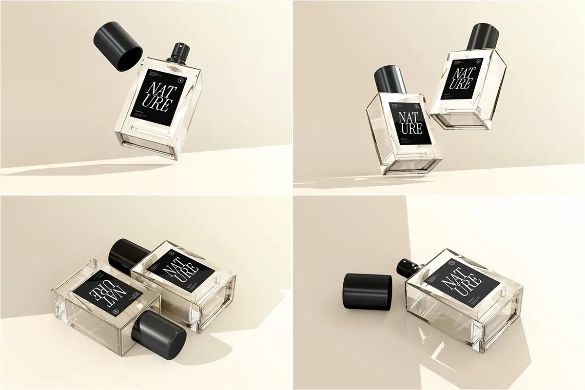 4款透明玻璃香水瓶模型品牌标识设计贴图ps样机素材模板 Rectangle Perfume Bottle Mockup