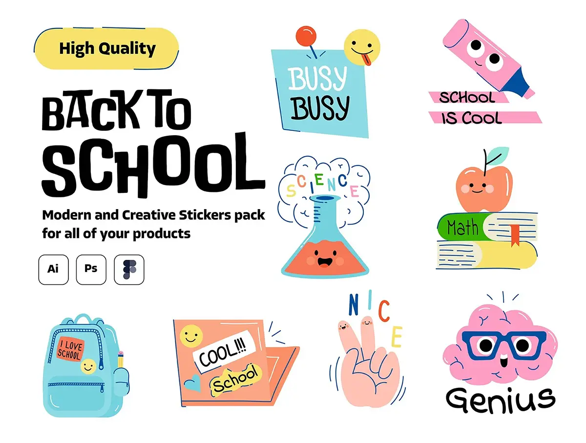 创意趣味卡通返校开学季教育学习用品文具文创贴纸插画矢量素材 Back to School stickers pack