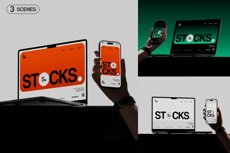 3款逆光手持iPhone手机Macbook笔记本电脑UI作品展示效果图ps样机 Laptop & Phone Screen Mockup for UI/UX