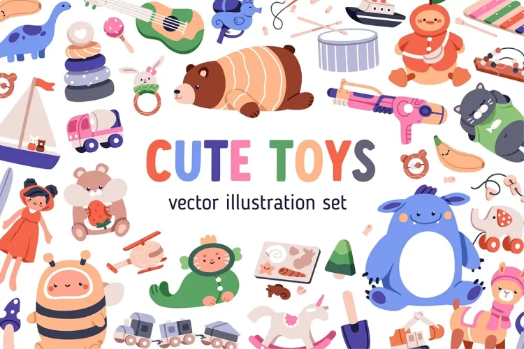 36款趣味可爱手绘儿童玩具元素插图插画图片矢量设计素材 Cute Children’s Toys for Kids Play Set