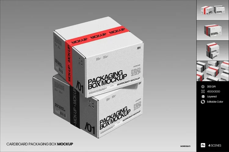 4款瓦楞纸打包快递搬家收纳纸箱包装设计展示效果图ps样机素材 Cardboard Packaging Box Mockup