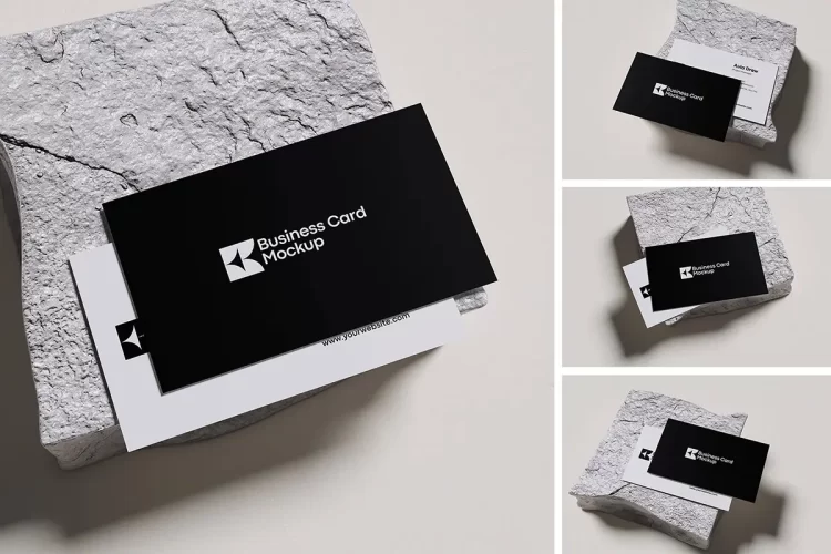 4款逼真商务名片卡片模型岩石场景展示设计贴图ps样机素材模板 Business Card Mockup