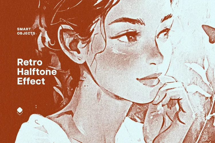 潮流复古单色低保真点阵半调网点怀旧动漫插画后期Ps特效样机模板 Retro Magazine Halftone Effect