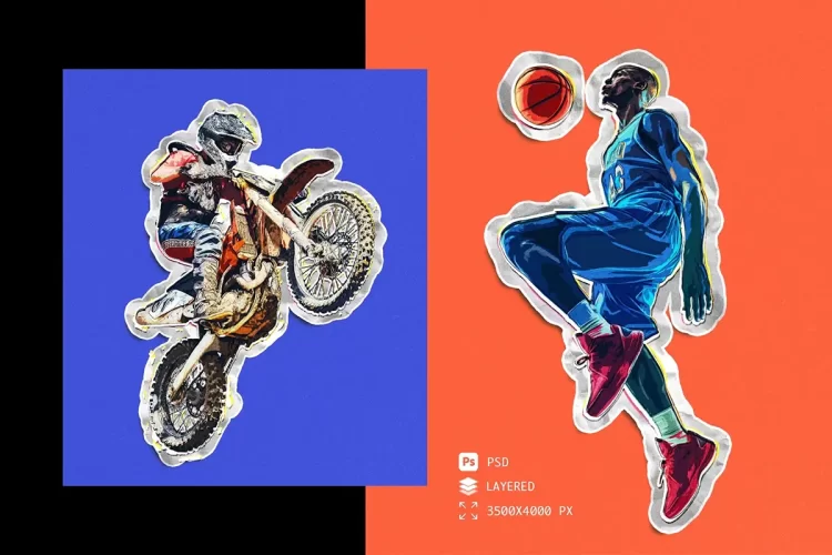 潮流复古怀旧手工插画拼贴艺术剪报异形剪纸风格ps特效样机模板 Layered Cutout Paper Effect