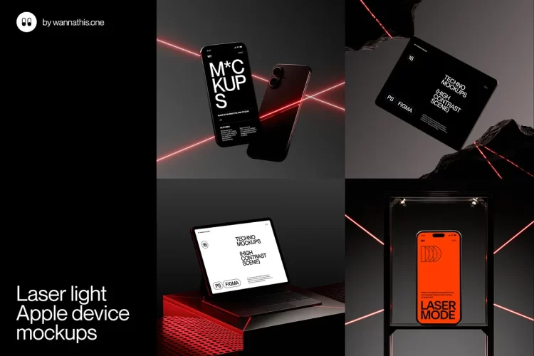 16款科技工业iPhone手机Macbook笔记本电脑UI作品展示效果ps样机 Laser light Apple device mockups