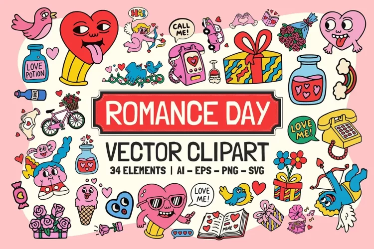 34款复古浪漫情人节卡通礼物涂鸦装饰元素剪切画插图插画矢量设计素材 Romance Day