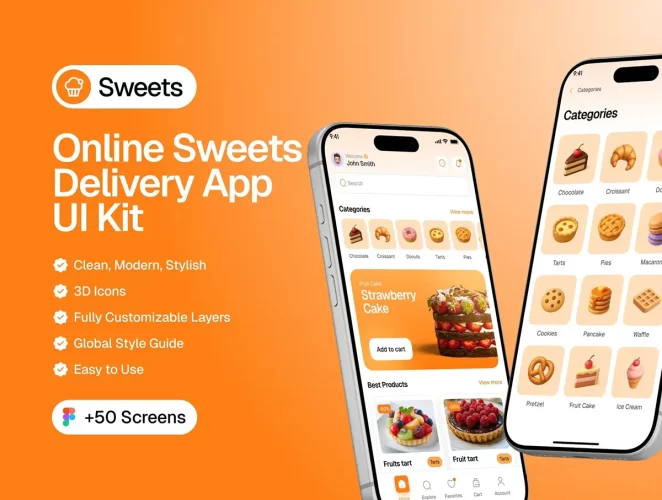 在线甜品配送手机电商外卖app用户界面ui设计套件 Sweets – Online Sweets Delivery App UI Kit