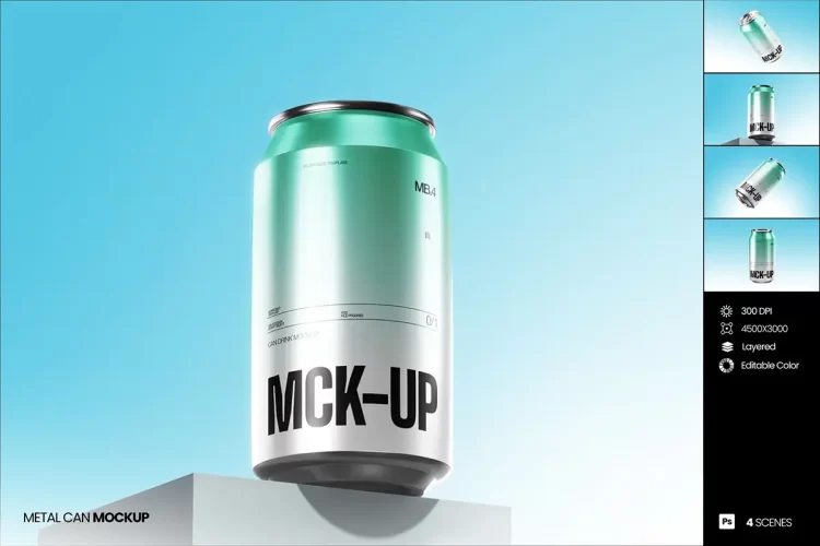 4款啤酒饮料金属易拉罐模型品牌包装设计贴图ps样机素材模板 Metal Can Mockup