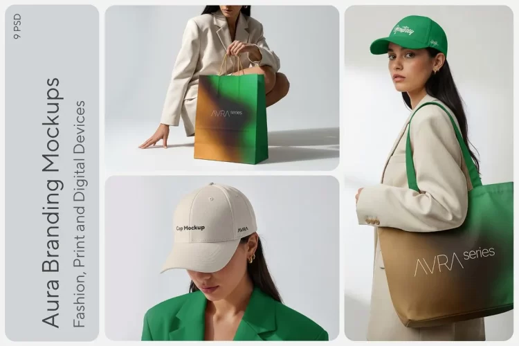 9款女装品牌VI设计展示效果图鸭舌帽帆布包拎袋工作证手机ps样机 Fashion Branding Mockups / Aura Series