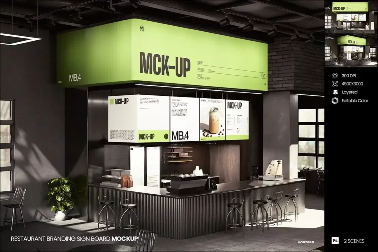 餐厅品牌标识菜单灯箱招牌模型展示设计贴图ps样机素材模板 Restaurant Branding Sign Board Mockup