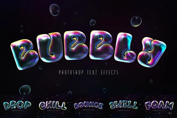 6款时尚潮流彩色金属膨胀气泡果冻液体肥皂泡沫字体特效ps样机 Bubble Text Effects