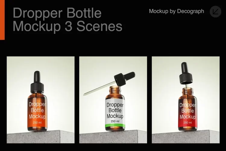 3款琥珀色化妆护肤滴管瓶模型石台场景品牌标识设计贴图ps样机素材模板 Dropper Bottle Mockup — 3 Scenes
