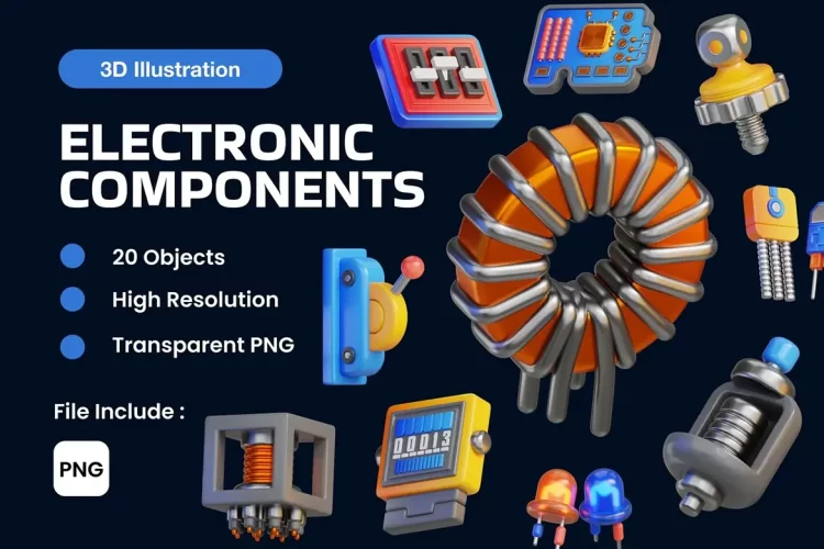 20款电子元件图解3D插图png免抠图设计素材 Electronic Components 3D Illustration