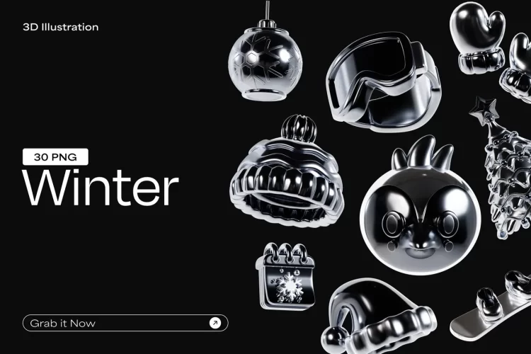 30款冬季时尚金属纹理冰雕装饰元素png免抠图3D图标icon素材 Winter 3D Icon Set