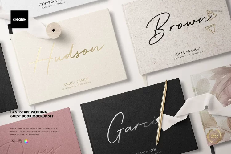 7款横版硬面精装布艺封面画册书籍装帧设计作品展示效果图ps样机 Landscape Wedding Guest Book Mockup