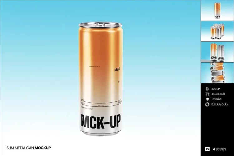 4款金属易拉罐细长高罐模型品牌包装设计贴图ps样机素材模板 Slim Metal Can Mockup
