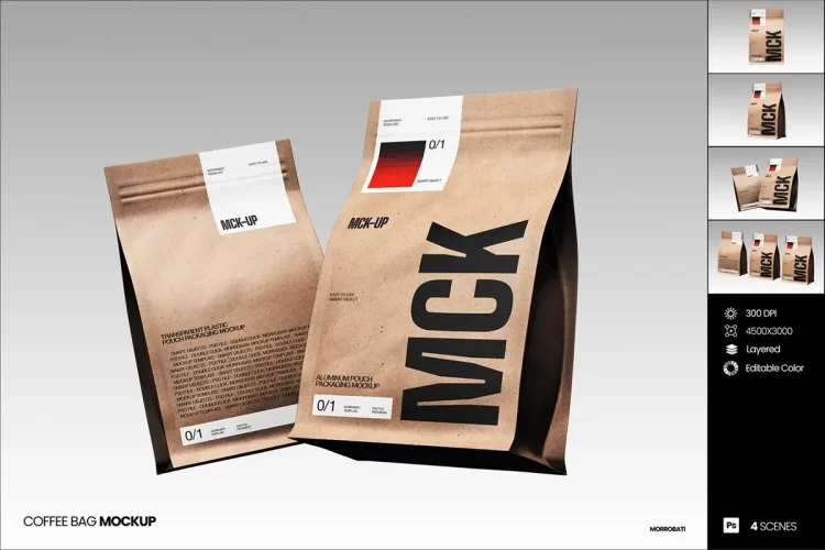 4款牛皮纸拉链自立袋咖啡豆纸袋包装设计展示效果图ps样机素材 Coffee Bag Mockup