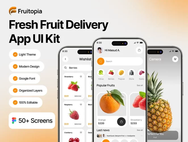 新鲜水果配送应用界面套件 Fruitopia – Fresh Fruit Delivery App UI Kit