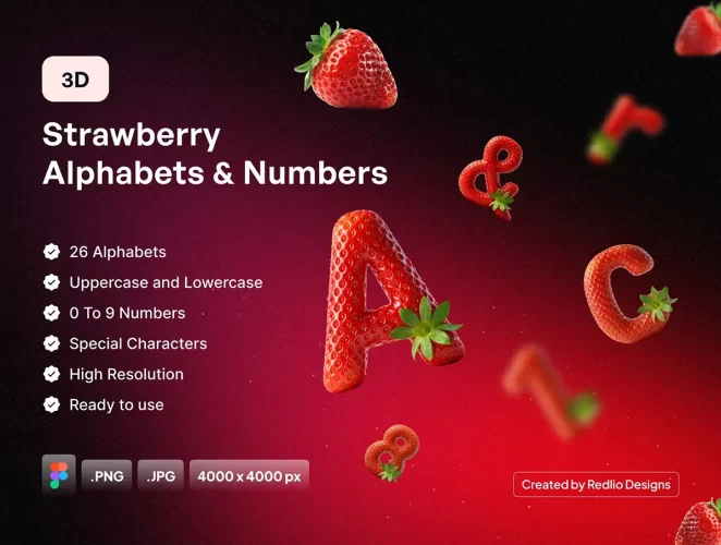 3D 草莓大写和小写字母表特殊字符和数字排版套装 Strawberry 3D Typography Set – Letters, Numbers & Symbols