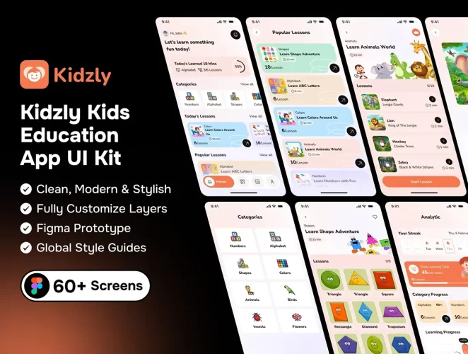 移动在线儿童教育学习平台app用户界面ui kit设计模板下载 Kidzly – Kids Education App UI Kit