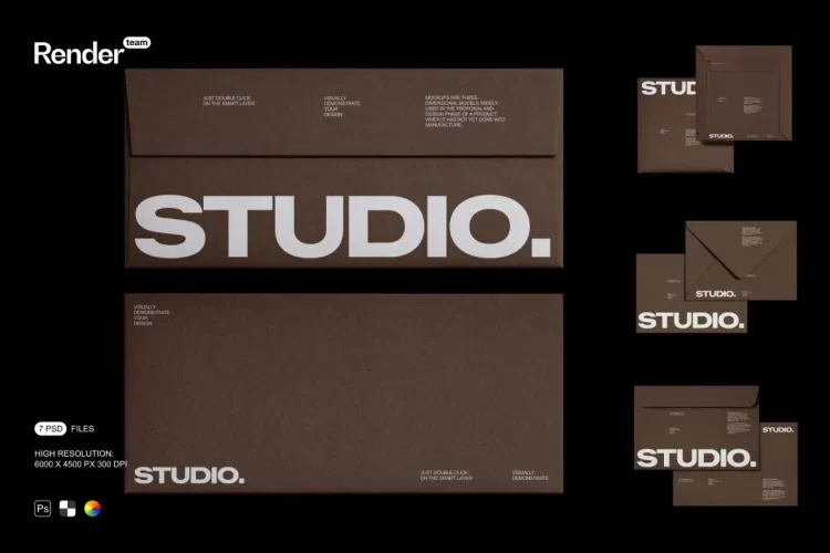 7款多规格艺术纸信封文件袋VI应用文具设计展示效果图ps样机素材 Envelope Mockup Set