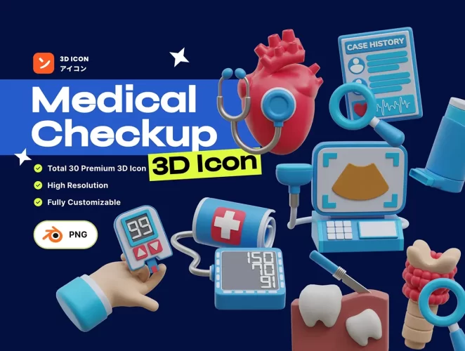 30款医院医生医疗器械演示3D图标icon国外设计素材png免抠图 Medical Checkup 3D Icon Pack