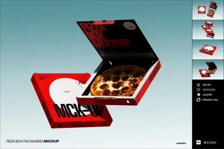 4款正方形披萨包装纸盒外卖外带打包盒设计展示效果图PSD样机素材 Pizza Box Packaging Mockup