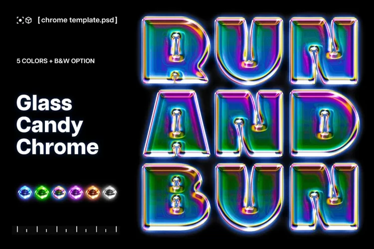 Y2K液态玻璃水晶镀铬金属合金海报标题字体设计PS特效字样机素材 Glass Candy Chrome Effect