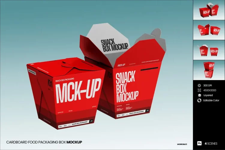 4款炸鸡爆米花小吃零食折叠纸盒包装设计作品展示效果图ps样机 Cardboard Food Packaging Box Mockup