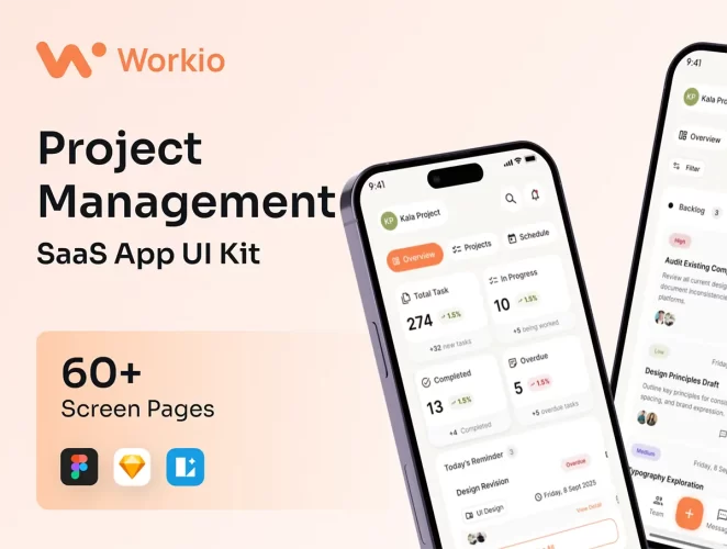 60屏SAAS项目管理APP应用界面设计UI素材移动端办公协作原型模板 Workio – SAAS Project Management App