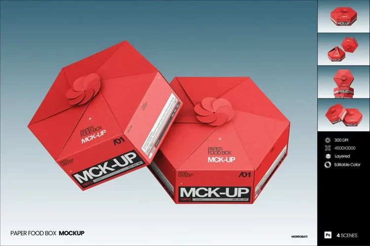 六边形花瓣纸盒烘培甜点外卖打包盒子包装设计展示效果图ps样机 Paper Food Box Mockup