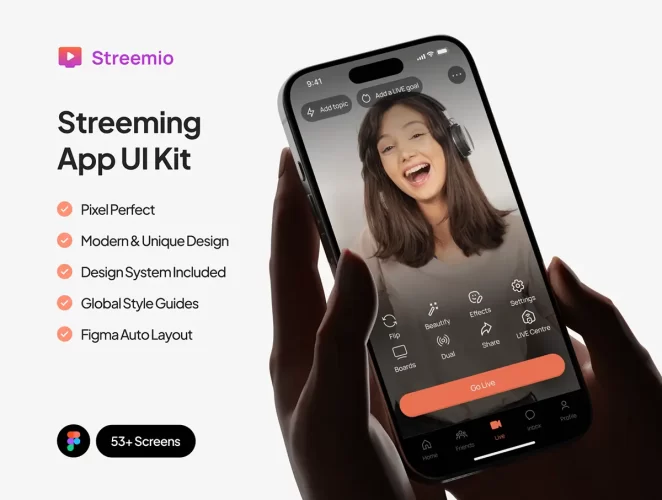53屏短视频流媒体在线直播移动应用app设计用户界面ui套件模板 Streemio – Streaming app
