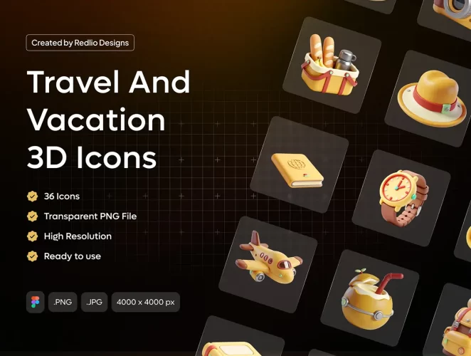 36款夏日气息旅行与度假 3D 图标集 Travel & Vacation 3D Icon Set – 36 Premium High-Res Assets