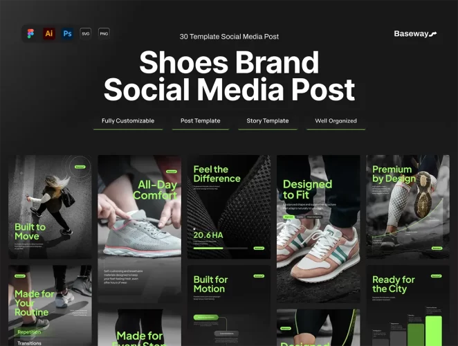 30款鞋类品牌社交媒体帖子模板套装 Social Media Post Shoes Branding – Baseway