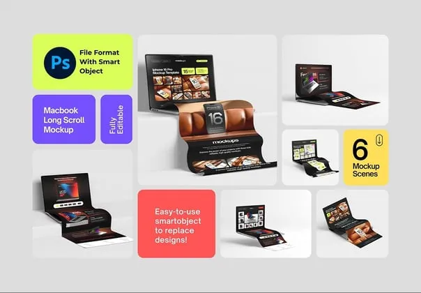 6款3D立体Macbook网站长图网页UI设计作品展示贴图ps样机素材 Long Scroll Macbook Extended Screen Mockup Set – 06 Scene