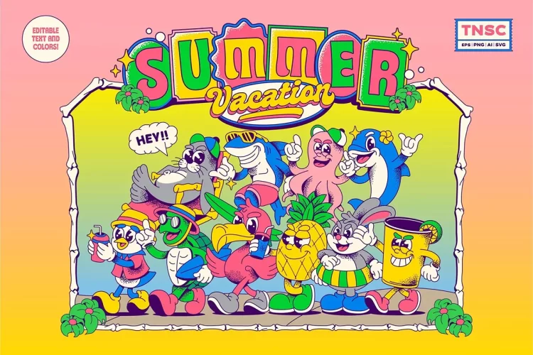 夏日卡通美食拟人吉祥物贴纸剪切画插图插画矢量设计素材 Summer Vacation Mascot