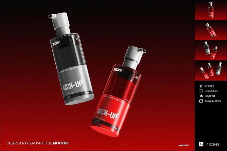 4款透明玻璃护肤品精华乳液泵瓶产品包装设计展示效果图ps样机 Clear Glass Serum Bottle Mockup